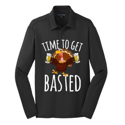 Time To Get Basted Funny Beer Thanksgiving Turkey Gift Silk Touch Performance Long Sleeve Polo