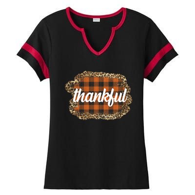 Thankful Thanksgiving Holiday Cheetah Plaid Ladies Halftime Notch Neck Tee