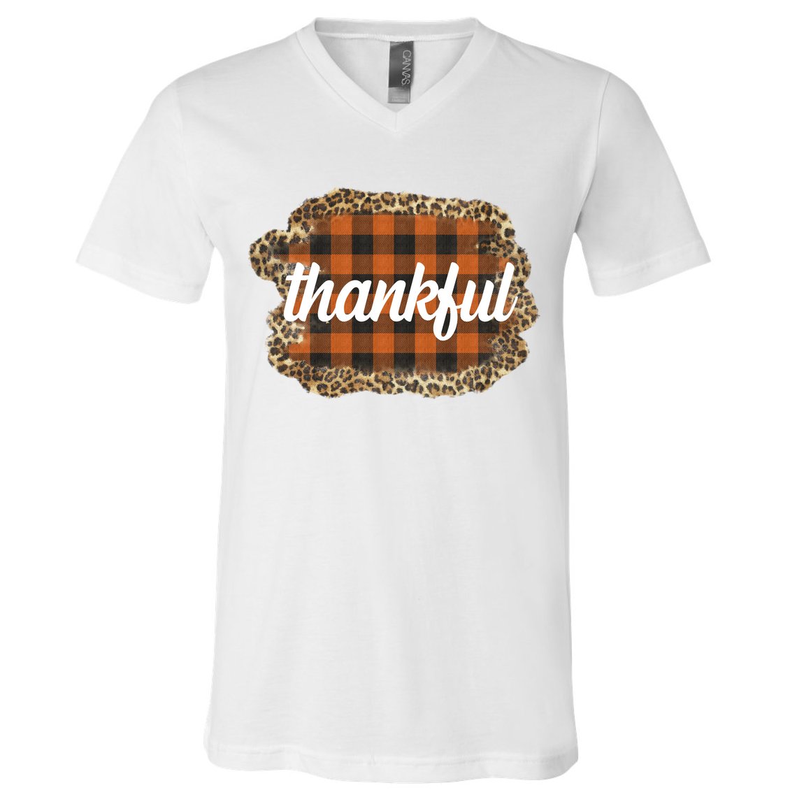 Thankful Thanksgiving Holiday Cheetah Plaid V-Neck T-Shirt
