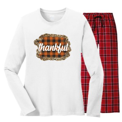 Thankful Thanksgiving Holiday Cheetah Plaid Women's Long Sleeve Flannel Pajama Set 