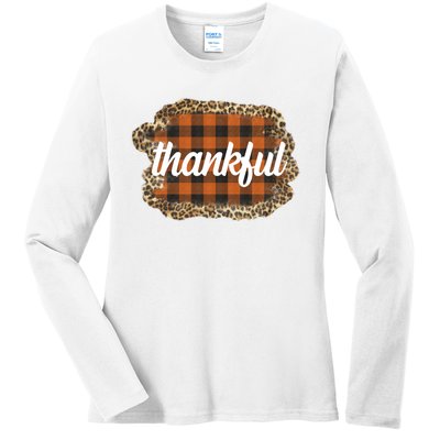 Thankful Thanksgiving Holiday Cheetah Plaid Ladies Long Sleeve Shirt