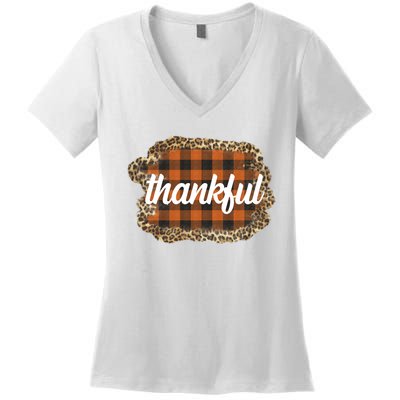 Thankful Thanksgiving Holiday Cheetah Plaid Women's V-Neck T-Shirt