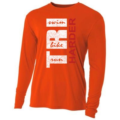 Triathletes Tri Harder Swim Bike Run Triathlon Inspired Funny Gift Cooling Performance Long Sleeve Crew