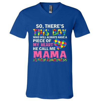 ThereS This He Calls Me Mama Autism Puzzle MotherS Day Gift V-Neck T-Shirt