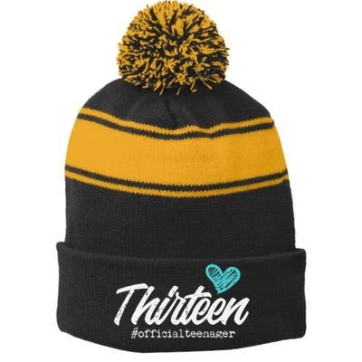 Thirteen Teenager Heart Cute 13th Birthday Stripe Pom Pom Beanie