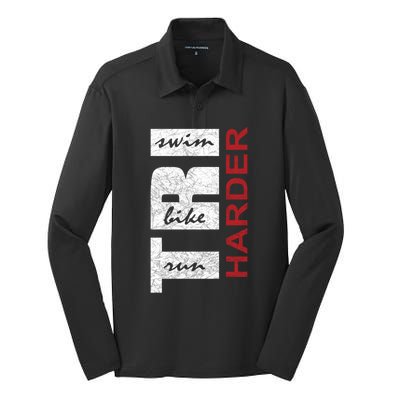 Triathletes Tri Harder Swim Bike Run Triathlon Inspired Cool Gift Silk Touch Performance Long Sleeve Polo