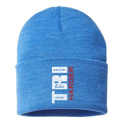 Triathletes Tri Harder Swim Bike Run Triathlon Inspired Cool Gift Sustainable Knit Beanie