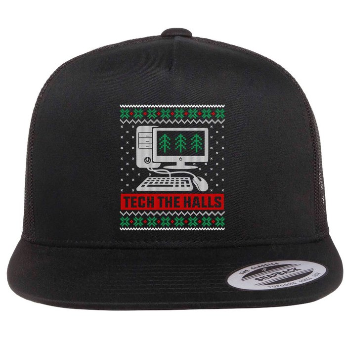 Tech The Halls Computer Geek Ugly Christmas Cool Gift Flat Bill Trucker Hat