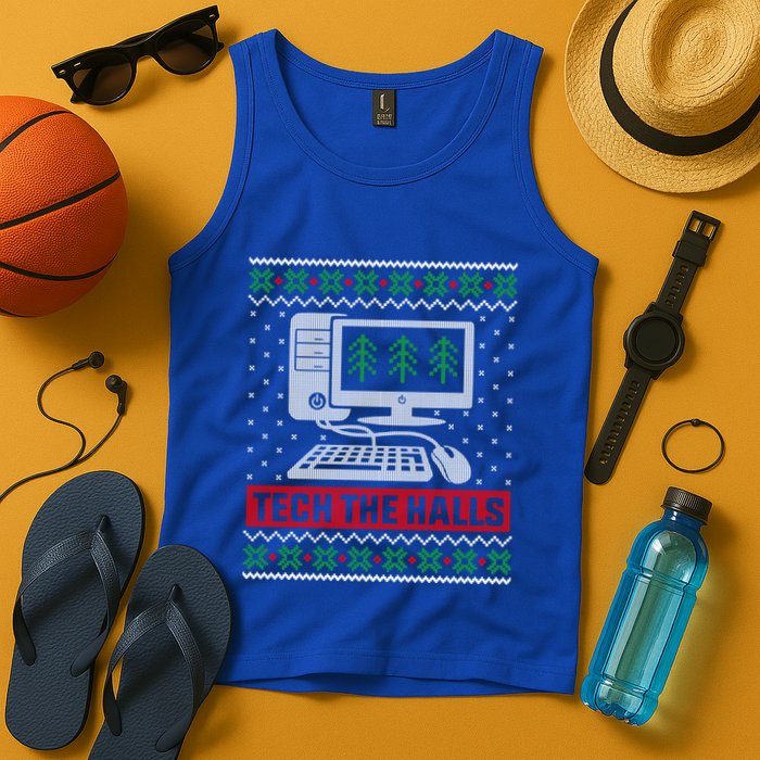 Tech The Halls Computer Geek Ugly Christmas Cool Gift Tank Top