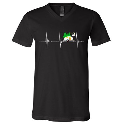 Teardrop Trailer Heartbeat Camping Pulse Line EKG RV V-Neck T-Shirt