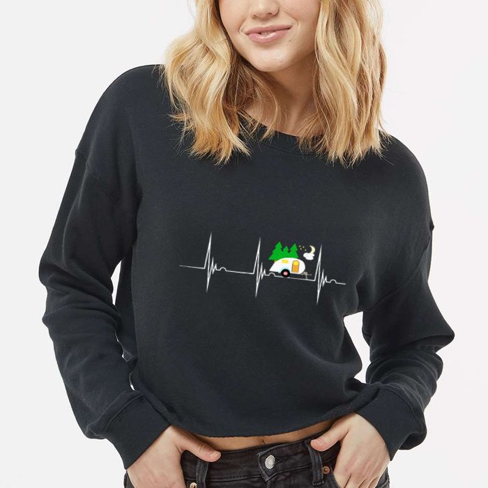 Teardrop Trailer Heartbeat Camping Pulse Line EKG RV Cropped Pullover Crew