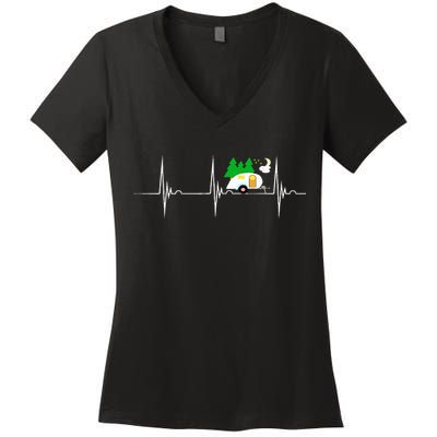 Teardrop Trailer Heartbeat Camping Pulse Line EKG RV Women's V-Neck T-Shirt