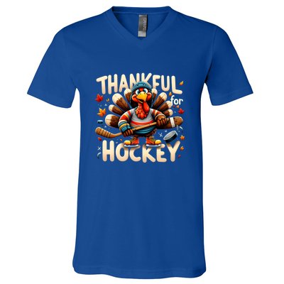 Turkey Thankful Hockey Funny Thanksgiving Hockey Lovers Gift Cool Gift V-Neck T-Shirt