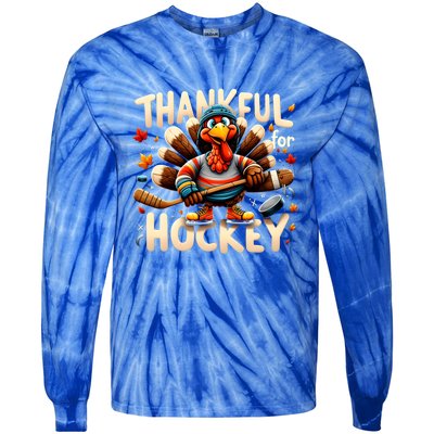 Turkey Thankful Hockey Funny Thanksgiving Hockey Lovers Gift Cool Gift Tie-Dye Long Sleeve Shirt