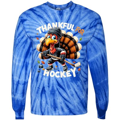 Turkey Thankful Hockey Retro Thanksgiving Hockey Lovers Gift Meaningful Gift Tie-Dye Long Sleeve Shirt