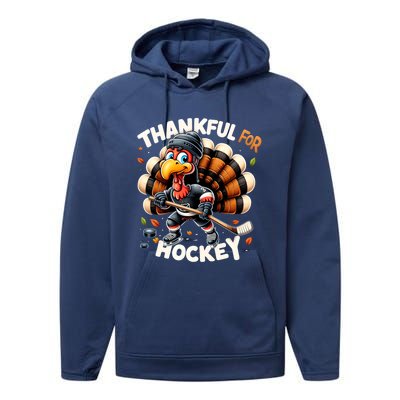 Turkey Thankful Hockey Retro Thanksgiving Hockey Lovers Gift Meaningful Gift Performance Fleece Hoodie