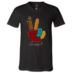 Thanksgiving Turkey Hand Sign Peace, Love, and Gratitude V-Neck T-Shirt