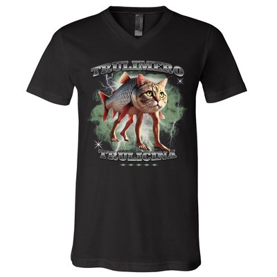Trulimero Truli Italian Brainrot Meme Cats Head On A Fish V-Neck T-Shirt