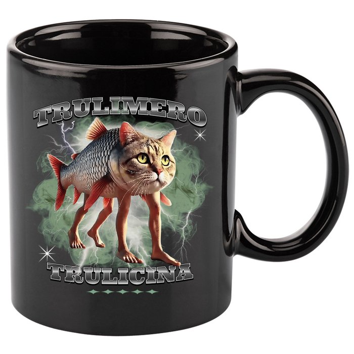 Trulimero Truli Italian Brainrot Meme Cats Head On A Fish 11oz C Handle Ceramic Mug