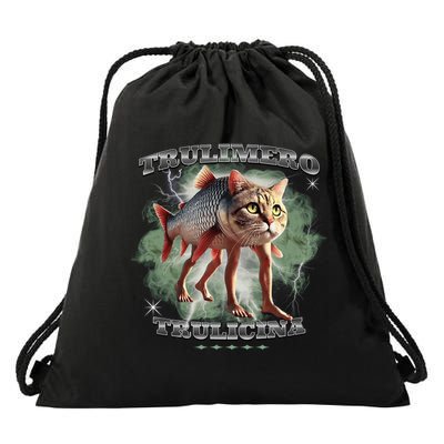 Trulimero Truli Italian Brainrot Meme Cats Head On A Fish Drawstring Bag