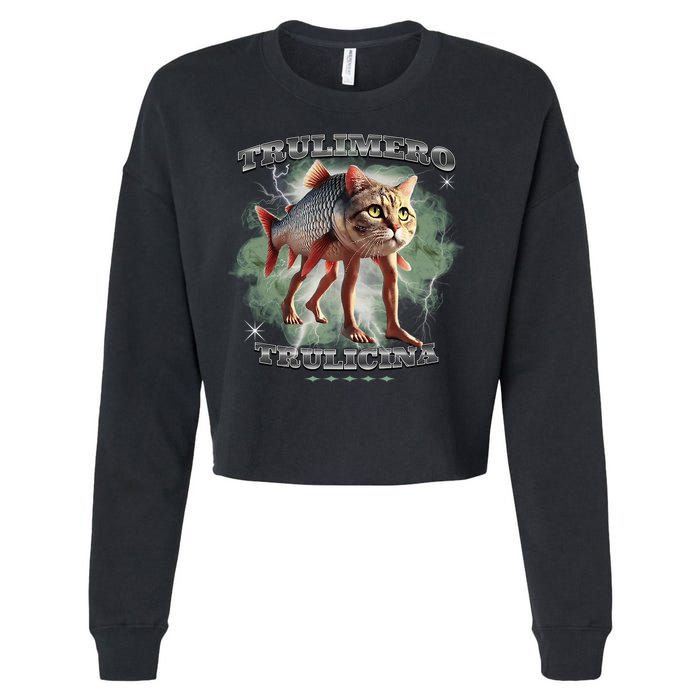Trulimero Truli Italian Brainrot Meme Cats Head On A Fish Cropped Pullover Crew