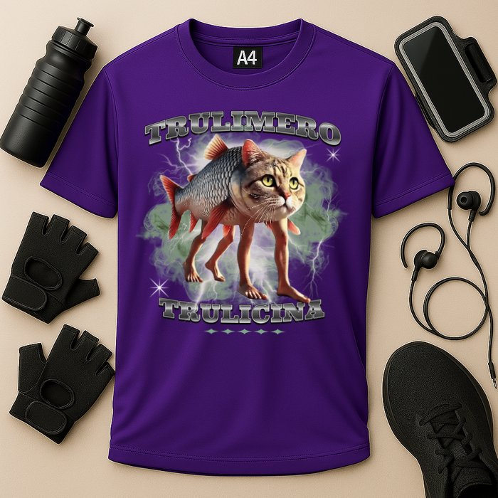 Trulimero Truli Italian Brainrot Meme Cats Head On A Fish Cooling Performance Crew T-Shirt