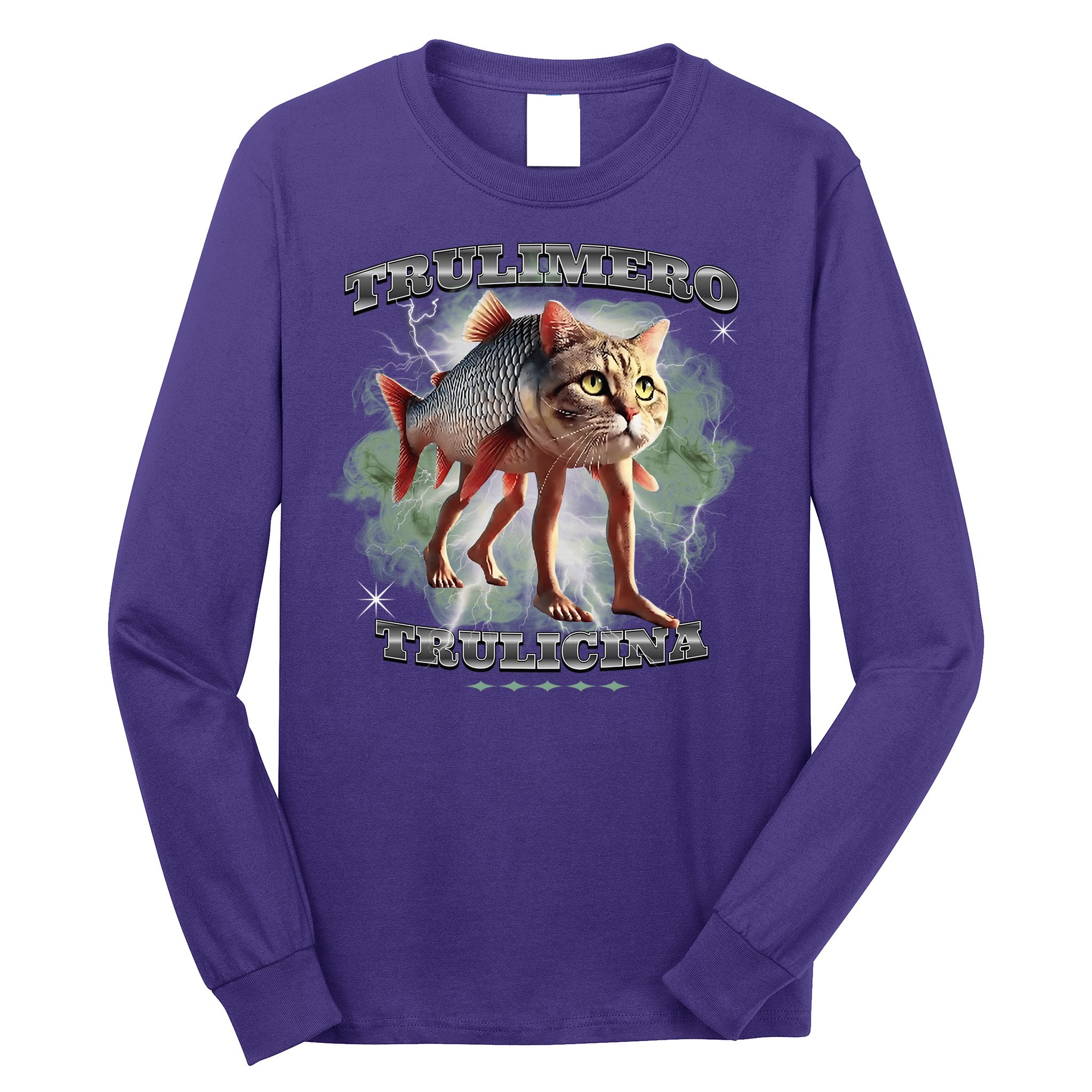 Trulimero Truli Italian Brainrot Meme Cats Head On A Fish Long Sleeve Shirt