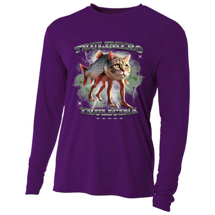 Trulimero Truli Italian Brainrot Meme Cats Head On A Fish Cooling Performance Long Sleeve Crew