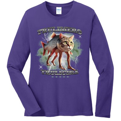 Trulimero Truli Italian Brainrot Meme Cats Head On A Fish Ladies Long Sleeve Shirt