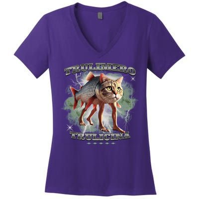 Trulimero Truli Italian Brainrot Meme Cats Head On A Fish Women's V-Neck T-Shirt