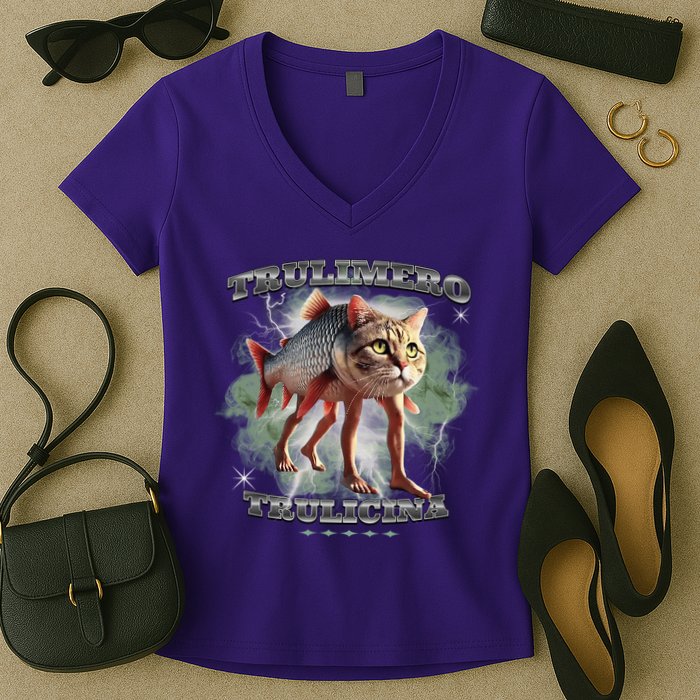 Trulimero Truli Italian Brainrot Meme Cats Head On A Fish Women's V-Neck T-Shirt