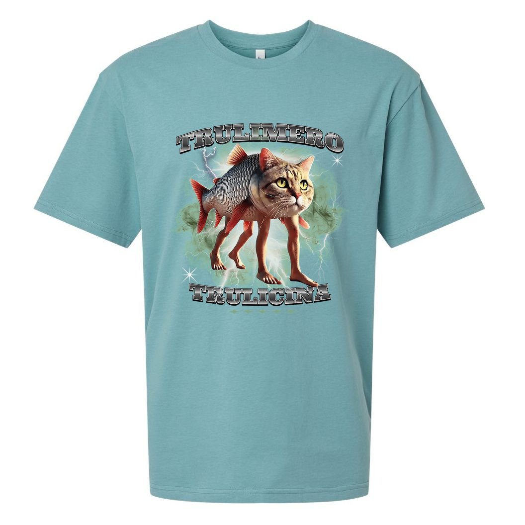 Trulimero Truli Italian Brainrot Meme Cats Head On A Fish Sueded Cloud Jersey T-Shirt