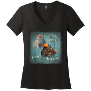 Think Twice? I Don’T Even Think Once Funny Capybara Word Art Women's V-Neck T-Shirt