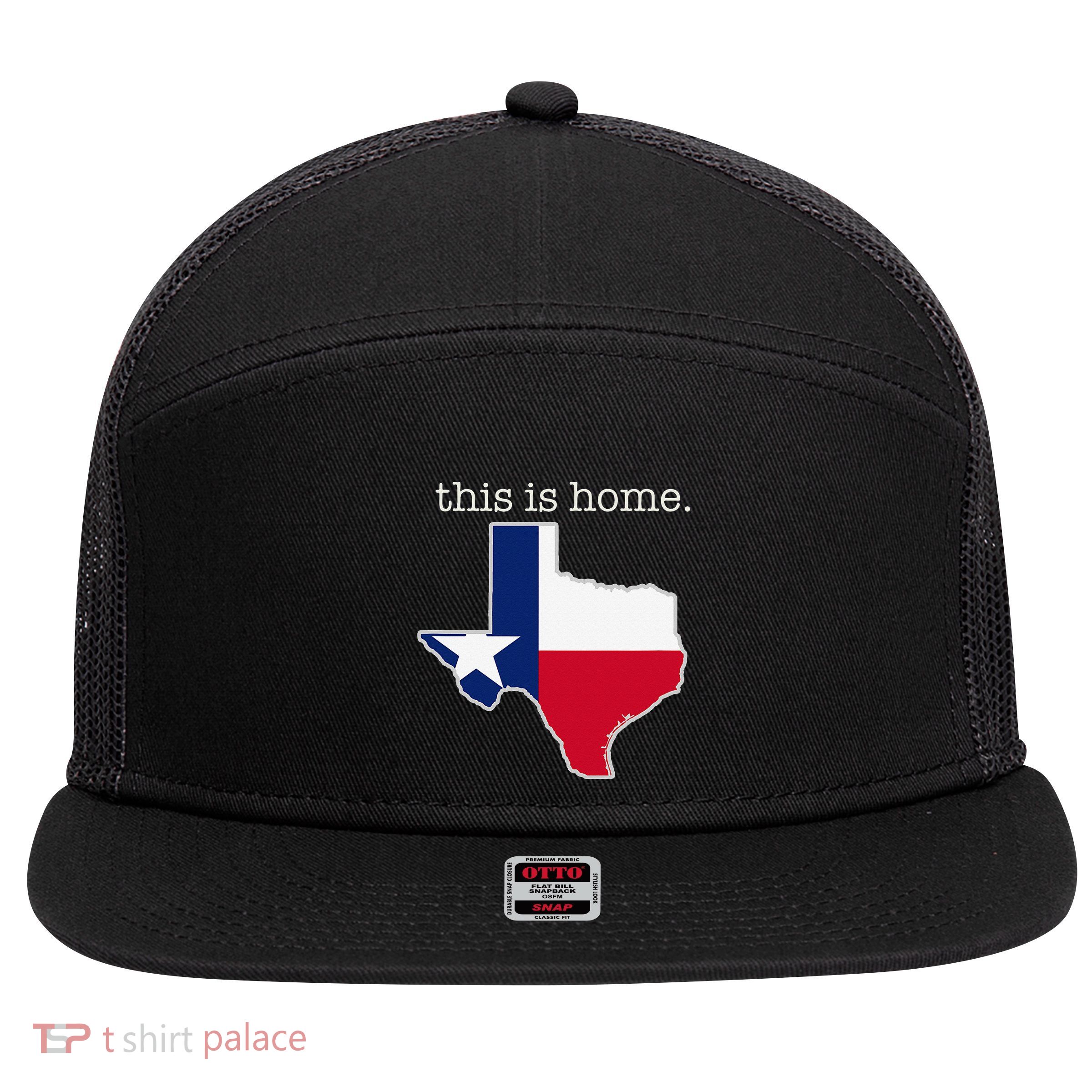 Texas This Is Home with State Outline and Texas Flag 7 Panel Mesh Trucker Snapback Hat