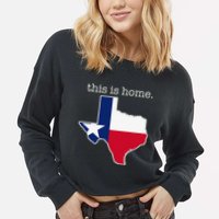 Texas This Is Home with State Outline and Texas Flag Cropped Pullover Crew
