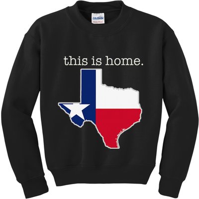 Texas This Is Home with State Outline and Texas Flag Kids Sweatshirt