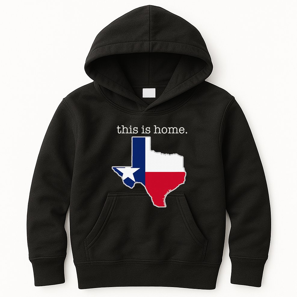 Texas This Is Home with State Outline and Texas Flag Kids Hoodie