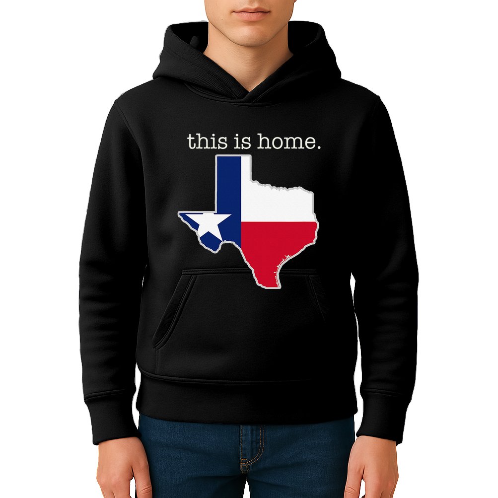 Texas This Is Home with State Outline and Texas Flag Kids Hoodie