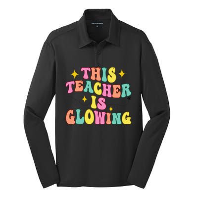 This Teacher Is Glowing Hello Summer Funny End Of School Silk Touch Performance Long Sleeve Polo