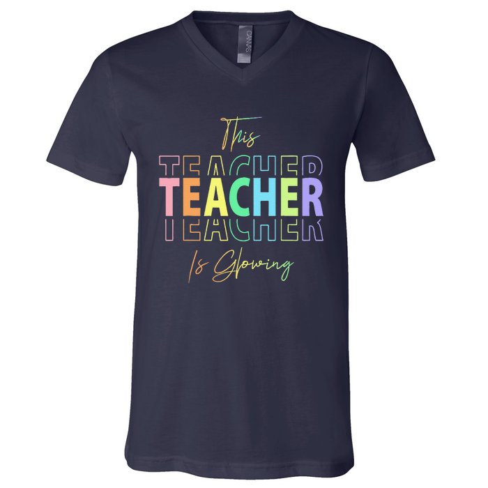 This Teacher Is Glowing Hello Summer Funny End Of School V-Neck T-Shirt