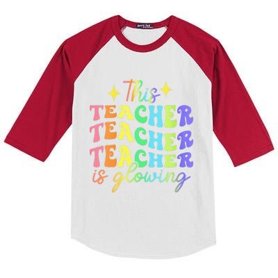 This Teacher Is Glowing Hello Summer Funny End Of School Kids Colorblock Raglan Jersey