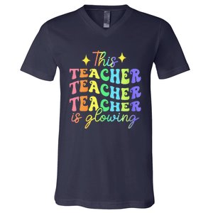 This Teacher Is Glowing Hello Summer Funny End Of School V-Neck T-Shirt