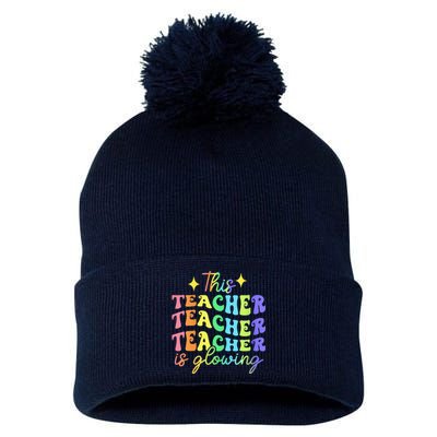 This Teacher Is Glowing Hello Summer Funny End Of School Pom Pom 12in Knit Beanie