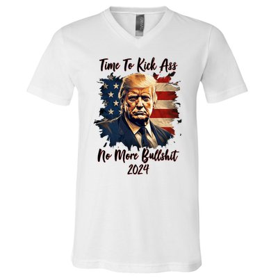 Time To Kick Ass No More Bullshit Trump 2024 Usa V-Neck T-Shirt