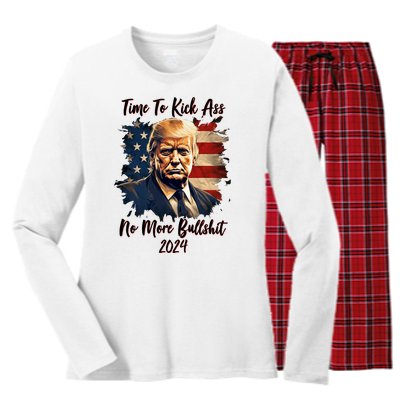 Time To Kick Ass No More Bullshit Trump 2024 Usa Women's Long Sleeve Flannel Pajama Set 