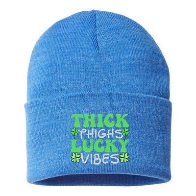 Thick Thighs Lucky Vibes St Patricks Day Shamrock Clover Gift Sustainable Knit Beanie