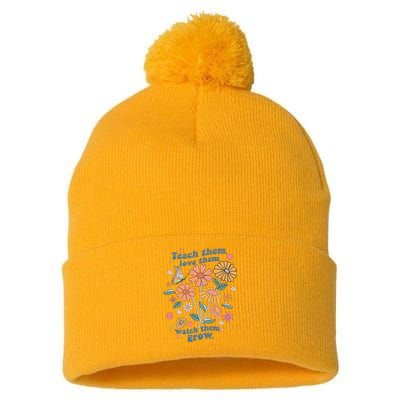 Teach Them Love Them Watch Them Grow Retro Teacher Floral Pom Pom 12in Knit Beanie