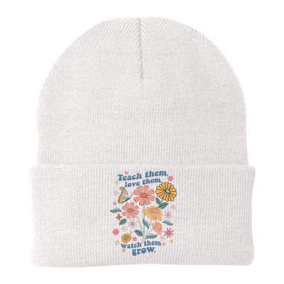 Teach Them Love Them Watch Them Grow Retro Teacher Floral Knit Cap Winter Beanie