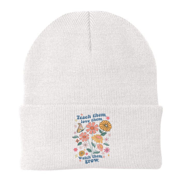 Teach Them Love Them Watch Them Grow Retro Teacher Floral Knit Cap Winter Beanie