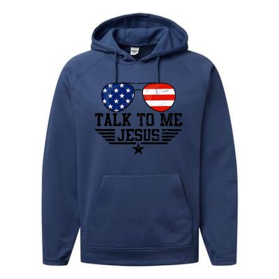 Talk To Me Jesus Glasses Usa Flag Performance Fleece Hoodie